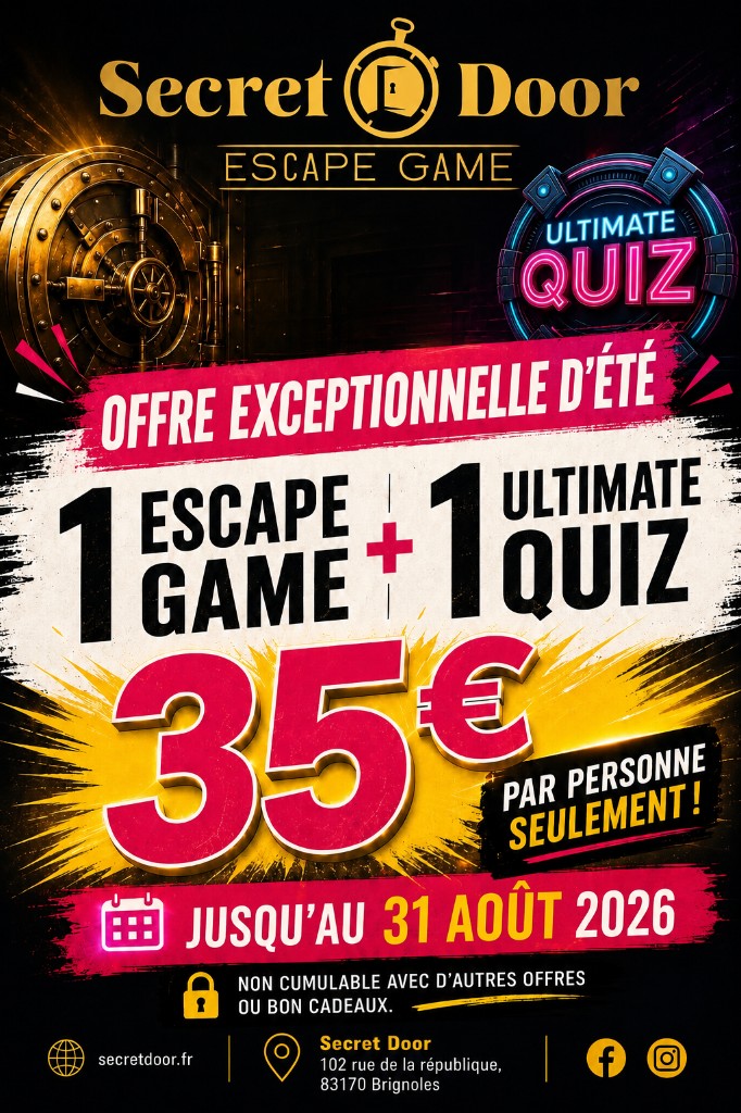Offre exceptionnelle d'été 2026 : 1 Escape Game + 1 Ultimate Quiz, 35€ par personne, jusqu'au 31 août 2026